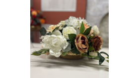 Image of a 006 White and brown Silk florals in gold hammered bowl