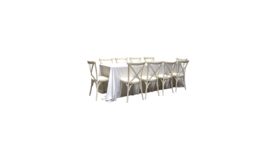 Image of a 1 Banquet Table with 10 Vintage White Cross-Back Chairs