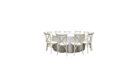 Image of a 1 Banquet Round Table with 10 Vintage White Cross-Back Chairs