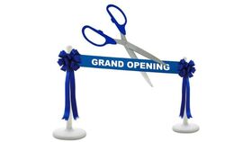 Image of a 25" Deluxe Grand Opening Kit - Blue/Blue Ceremonial Ribbon Cutting Scissors with 5 Yards of 6" Red Grand Opening Ribbon, 2 Red Bows and 2 White Plastic Stanchions