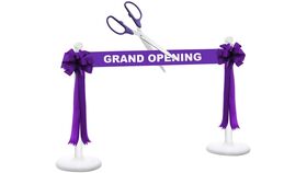 Image of a 25" Deluxe Grand Opening Kit - Purple/Silver Ceremonial Ribbon Cutting Scissors with 5 Yards of 6" Red Grand Opening Ribbon, 2 Red Bows and 2 White Plastic Stanchions