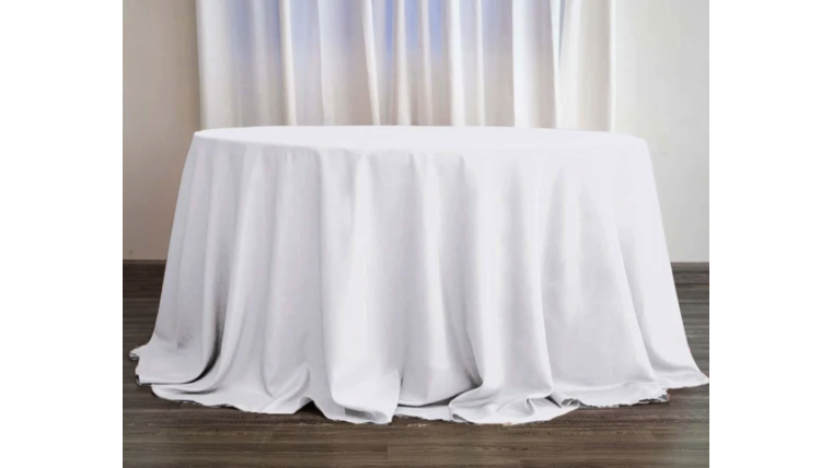 132" Round White Linen rental from NCW Event Rentals, available in Wenatchee, Cle Elum, Chelan and Leavenworth Washington