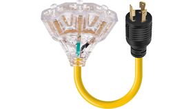 Image of a 30 Amp to 110 Adapter Generator Power Cord, 3 Prong 30 Amp to 15 Amp Generator Adapter, Nema L5-30P Male to 3X 5-20R Female with Lighted End, 1.5 FT