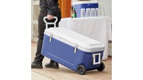 Image of a Blue 84 Qt. Cooler with Wheels and Tow Handle