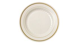 Image of a 10 1/4" Ivory Dinner Plastic Plates w/Gold Band