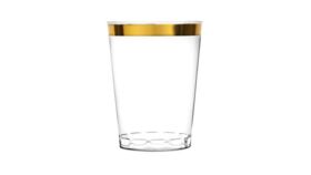 Image of a 10 oz Clear Plastic Cups Old Fashioned Tumblers Gold Rimmed