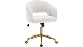 Image of a White Velvet Desk Chair w/ Gold Rolling Legs