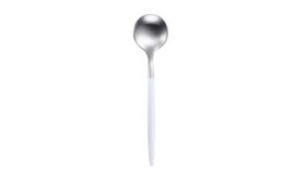 Image of a Modern Flatware (silver w/ white handle) soup spoon