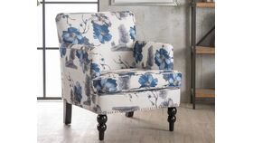 Image of a Accent Chair – Blue/White/Grey Floral – Black Ornate Legs