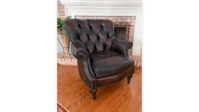 Image of a Accent Chair – Large Library Style / Worn Dark Brown Faux Leather / 38” Wide