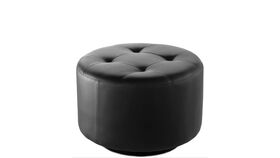 Image of a Coffee Table – Black Faux Leather / Swivel Ottoman / Chrome Base / Modern