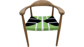 Image of a Accent Chair – Wood Frame / Green, Black, White Woven Seat / Modern-Boho