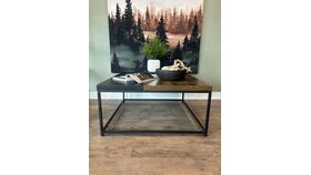 Image of a Coffee Table – Two-Tone Wood / Black Metal Base / 40” Square