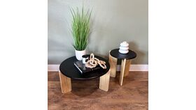 Image of a Coffee Table Set – Round Black Tops / Wood Tri-Leg Base / 2-Piece